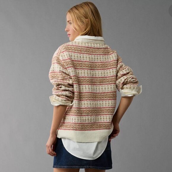 AE Whoa So Soft Fair Isle Crewneck Relaxed Knit Cream Tan Red Preppy Sweater - Picture 2 of 16